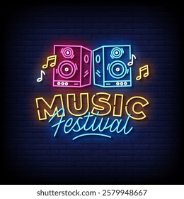 music festival neon sign with brick wall background vector