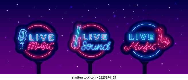 Music festival neon street billboards collection. Live sound sign. Circle frame with guitar, microphone and saxophone. Cafe, restaurant and night club badges. Party labels. Vector stock illustration