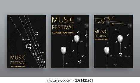 Music Festival night show poster, Cinema and Theatre hall with seats velvet curtains. Shining light bulbs vintage and luxury flyer, glowing spotlights vintage design' golden realistic vector