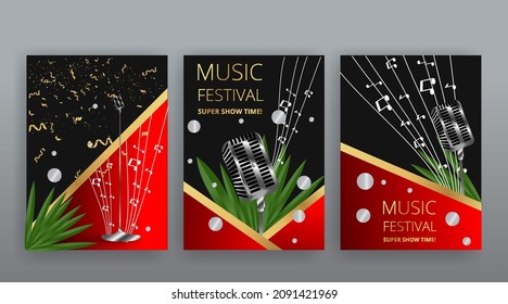 Music Festival night show poster, Cinema and Theatre hall with seats velvet curtains. Shining light bulbs vintage and luxury flyer, glowing spotlights vintage design' golden realistic vector