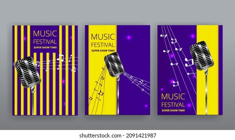 Music Festival night show poster, Cinema and Theatre hall with seats velvet curtains. Shining light bulbs vintage and luxury flyer, glowing spotlights vintage design' golden realistic vector
