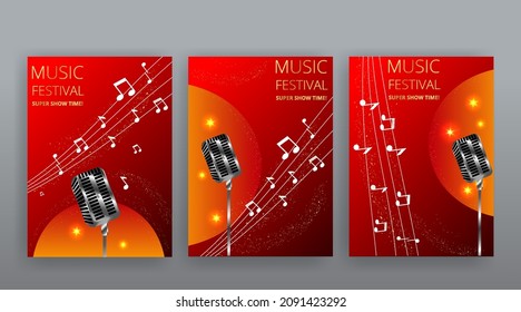 Music Festival night show poster, Cinema and Theatre hall with seats velvet curtains. Shining light bulbs vintage and luxury flyer, glowing spotlights vintage design golden realistic vector