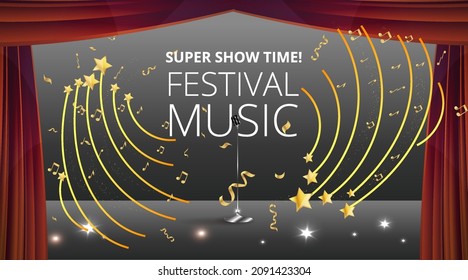 Music Festival night show poster, Cinema and Theatre hall with seats velvet curtains. Shining light bulbs vintage and luxury flyer, glowing spotlights vintage design golden realistic vector