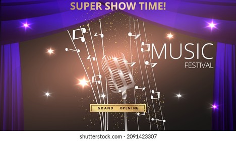 Music Festival night show poster, Cinema and Theatre hall with seats velvet curtains. Shining light bulbs vintage and luxury flyer, glowing spotlights vintage design golden realistic vector