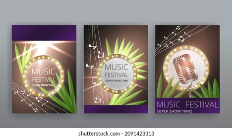 Music Festival night show poster, Cinema and Theatre hall with seats velvet curtains. Shining light bulbs vintage and luxury flyer, glowing spotlights vintage design golden realistic vector