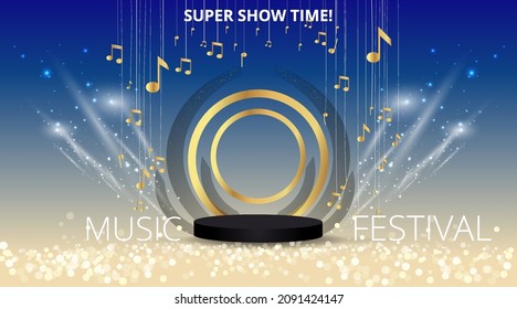 Music Festival night show poster, Cinema and Theatre hall with seats velvet curtains. Shining light bulbs vintage and luxury flyer, glowing spotlights vintage design golden realistic vector