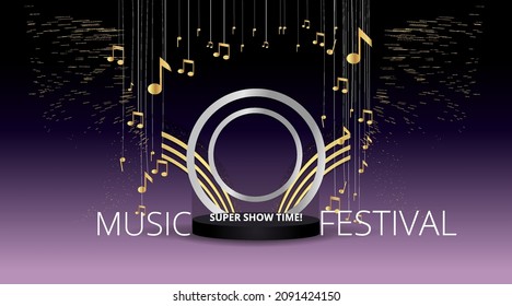 Music Festival night show poster, Cinema and Theatre hall with seats velvet curtains. Shining light bulbs vintage and luxury flyer, glowing spotlights vintage design golden realistic vector