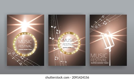 Music Festival night show poster, Cinema and Theatre hall with seats velvet curtains. Shining light bulbs vintage and luxury flyer, glowing spotlights vintage design golden realistic vector