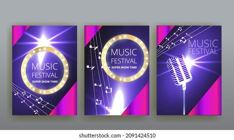 Music Festival night show poster, Cinema and Theatre hall with seats velvet curtains. Shining light bulbs vintage and luxury flyer, glowing spotlights vintage design golden realistic vector