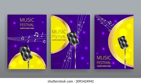 Music Festival night show poster, Cinema and Theatre hall with seats velvet curtains. Shining light bulbs vintage and luxury flyer, glowing spotlights vintage design golden realistic vector