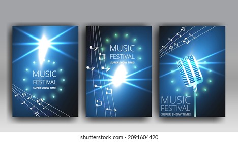 Music Festival night show poster, Cinema and Theatre hall with seats velvet curtains. Shining light bulbs vintage and luxury flyer, glowing spotlights vintage design golden realistic vector