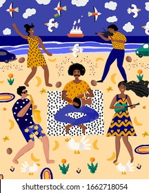 Music festival on the beach! Vector abstract holiday illustration with people, dancers and musicians. Party drawing for poster, banner or background. dance, music and rhythm	
