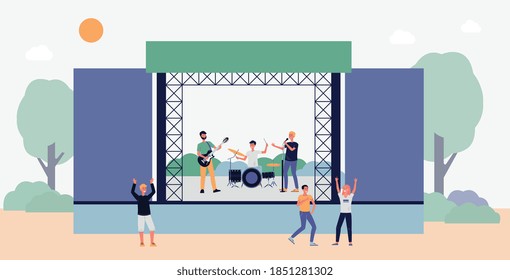 Music festival or open air party stage with music band entertaining people, flat vector illustration. People characters dance at a concert or outdoor music party.
