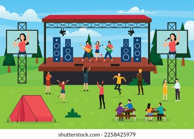 Music Festival Open Air with people singing and dancing 2d vector illustration concept for banner, website, illustration, landing page, flyer, etc