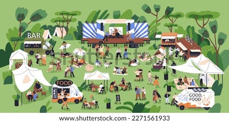 Music festival, open-air concert with outdoor stage, live performance, dancing people in nature, food trucks and tents. Summer public entertainment party, picnic in park. Flat vector illustration
