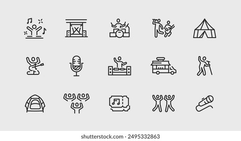 Music festival and outdoor event icons. Large set of music festival and outdoor event trendy minimal icons. Performer icon. Design signs for web page, mobile app, packaging design. Vector illustration