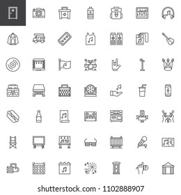 Music festival outline icons set. linear style symbols collection, line signs pack. vector graphics. Set includes icons as Dressing room, Caravan, Ticket, Speakers, Drum set, Amplifier, Spotlight