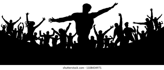 Music festival. Party, concert, dance, fun. Crowd of people silhouette vector. Cheerful youth. Cheer audience. Hand applause. Sports fans