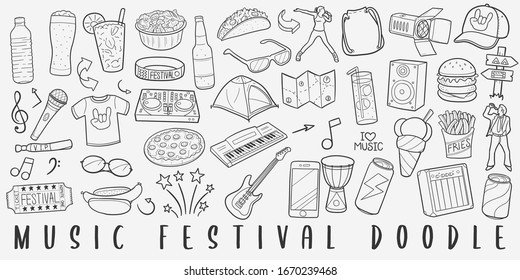 Music Festival Party Doodle Line Art Illustration. Hand Drawn Vector Clip Art. Banner Set Logos.