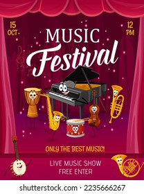 Music festival party flyer, cartoon musical instrument characters on stage. Vector poster with funny grand piano, jembe drum, trumpet and french horn. Violin, banjo and saxophone artist personages