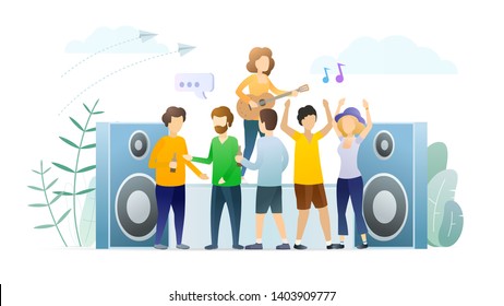 Music Festival Performance Flat Vector Illustration. Female Country Singer Playing Guitar On Stage. Fans, Enjoying Music, Chatting In Open Air. People Relaxing At Concert, Dancing, Drinking Beer. 
