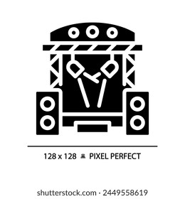 Music festival pixel perfect black glyph icon. Concert stage. Stereo music. Audio performance. Nightlife activity. Silhouette symbol on white space. Solid pictogram. Vector isolated illustration