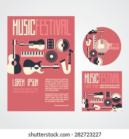  Music Festival Poster Advertisement with music instruments, poster, cd and cd cover