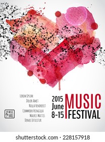 Music festival, poster background template. Watercolor heart with music notes. I love music card. Vector design. 