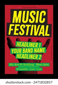 Music festival poster for band event or cafe marketing, vector with grunge and paper texture background, editable design with illustration