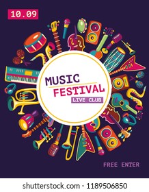 Music festival poster. Colorful music ilstruments. Music party.  Colorful music background. Vector illustration