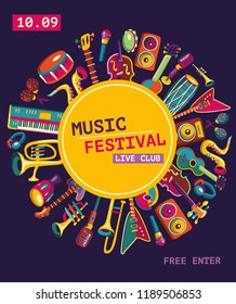 Music festival poster. Colorful music ilstruments. Music party. Colorful music background. Vector illustration