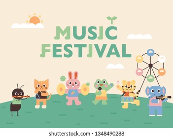  Music festival poster of cute animals. Cute animals playing musical instruments. flat design style minimal vector illustration