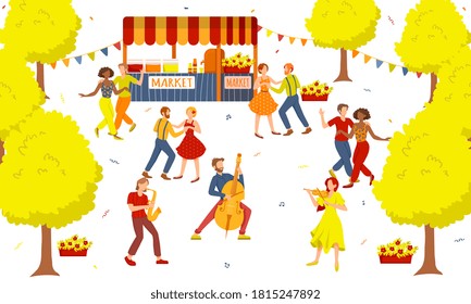 Music Festival poster design with dancing couples and a street market surrounded by autumn trees, colored vector illustration