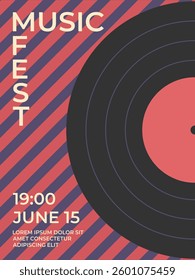 Music festival poster design with red vinyl record. Music festival background template. Vector illustration