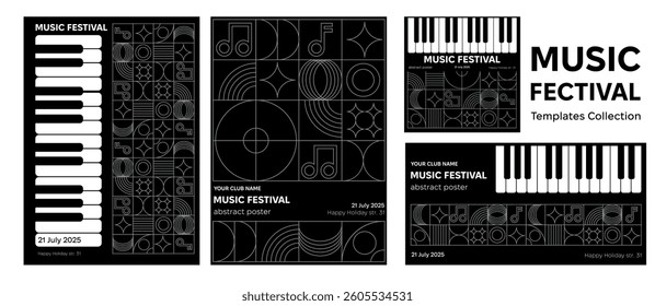 Music festival poster design set in different sizes for print, web banner or social media post. Collection of poster elegant designs with geometrical abstract shapes and piano keyboard.