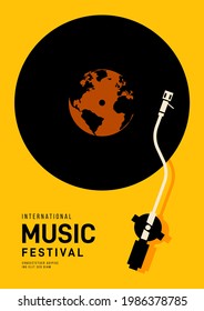 Music Festival Poster Design Template Background With World Map And Vinyl Record. Design Element Template Can Be Used For Backdrop, Banner, Brochure, Leaflet, Print, Publication, Vector Illustration