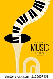 Music festival poster design template background with trumpet and piano. Design element template for backdrop, banner, brochure, leaflet, print, publication, vector illustration