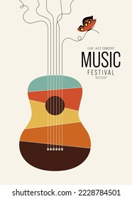 Music festival poster design template background with acoustic guitar. Design element template for backdrop, banner, brochure, leaflet, print, publication, vector illustration