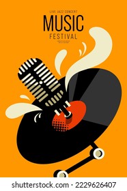 Music festival poster design template background with vinyl record. Design element template for backdrop, banner, brochure, leaflet, print, publication, vector illustration