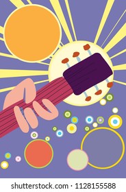 Music festival poster, with hand and guitar.  Retro vector background, copy space