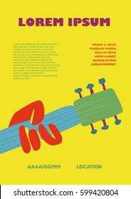 Music festival poster, with hand and guitar.  Retro vector illustration, copy space