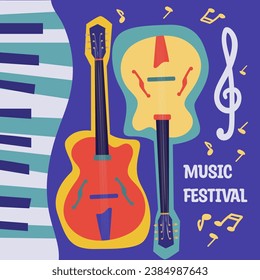 Music Festival poster. Illustration with two guitars, piano keys, treble clef, and text. Simple flat style. Red, yellow, blue. For music festivals, invitations, flyers