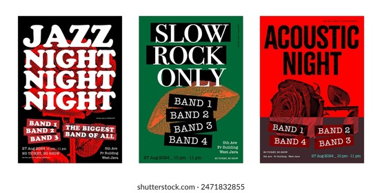 Music Festival poster,  Jazz night live performance for cafe or club, rock night, vector design set of 3, event for pop punk or rock, acoustic night for pub, set of 3