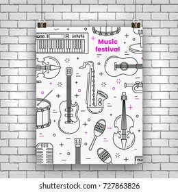 Music festival poster line art with musical instruments pattern