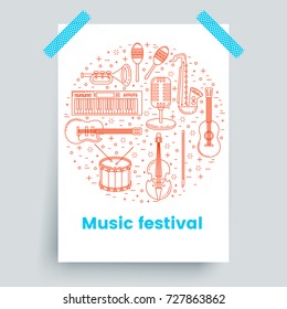 Music festival poster line art with musical instruments pattern