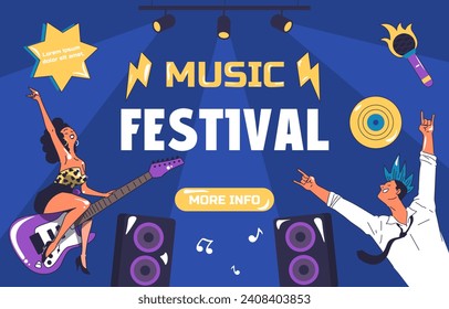 Music festival poster. Man and woman with electric guitar near scene. Energetic sound and waves. Traditional holiday and festival. Invitation postcard design. Cartoon flat vector illustration