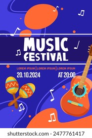 Cartel del festival de música con maracas y guitarra sobre un vibrante fondo azul. Ilustración vectorial