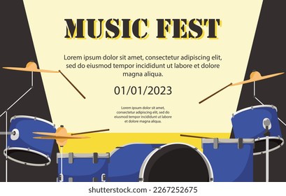 Music festival poster with musical instrument. Original design for promotion and invitation. Blue drum kit on live music show. Template design for flyer with text in flat style. Vector illustration