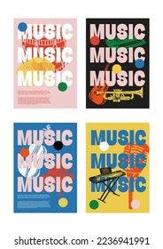 Afiche del festival de música. Instrumentos musicales. Competencia. Un conjunto de ilustraciones vectoriales. Diseño minimalista. Cartel, volante, portada, impresión.