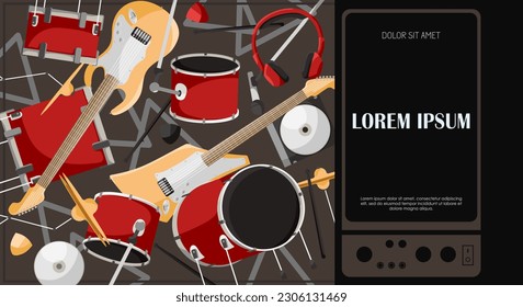 Music festival poster with musical instruments drum kit set and electric guitar for promotion and invitation. Concert banner rock music. Template design flyer in creative style. Vector illustration
